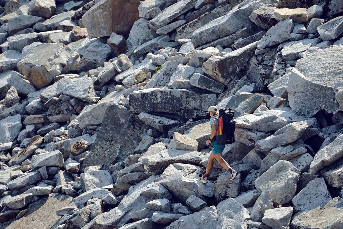 Hiking through boulder field (women's hiking shoes)